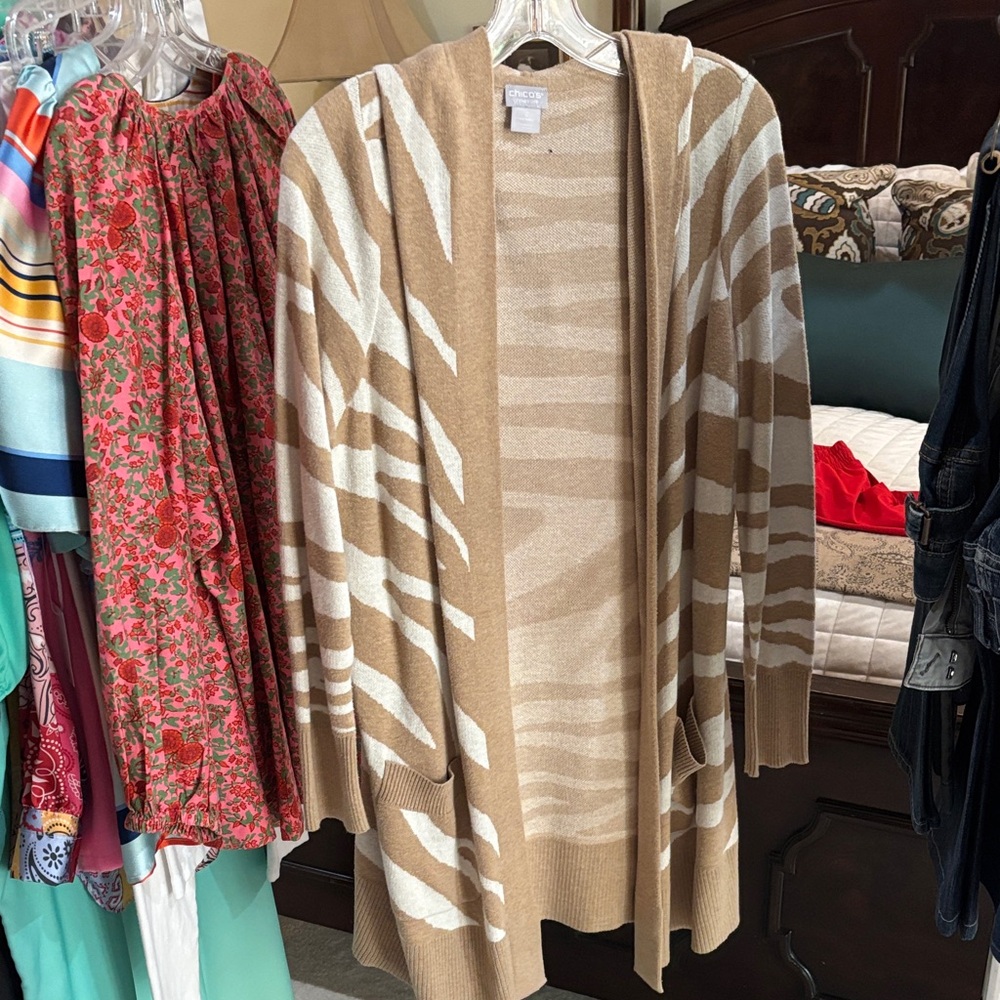 Chico's Hooded Open-Front Cardigan in Tan and Cream Zebra Stripe